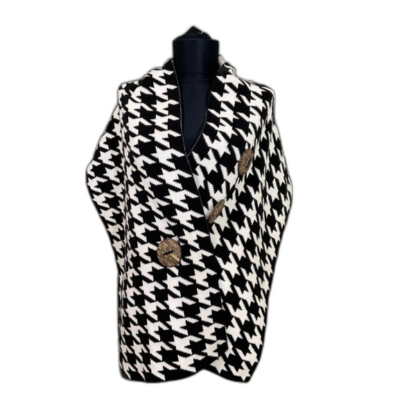 Katie Todd Knit shawl wrap Houndstooth large buttons 60”x15” - Picture 1 of 14